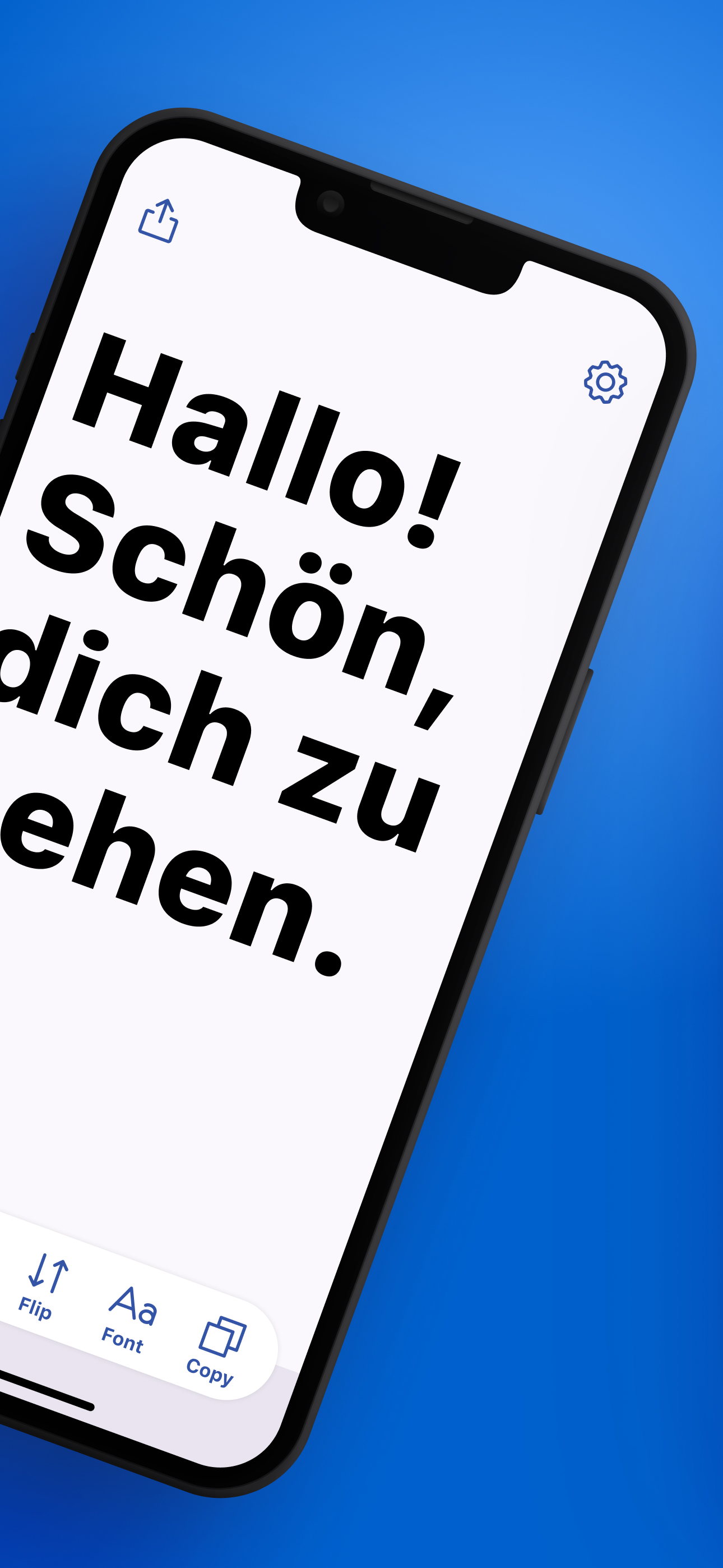 Live-Transkription in großem Text mit Reglern für Drehen, Schriftgröße und Kopieren