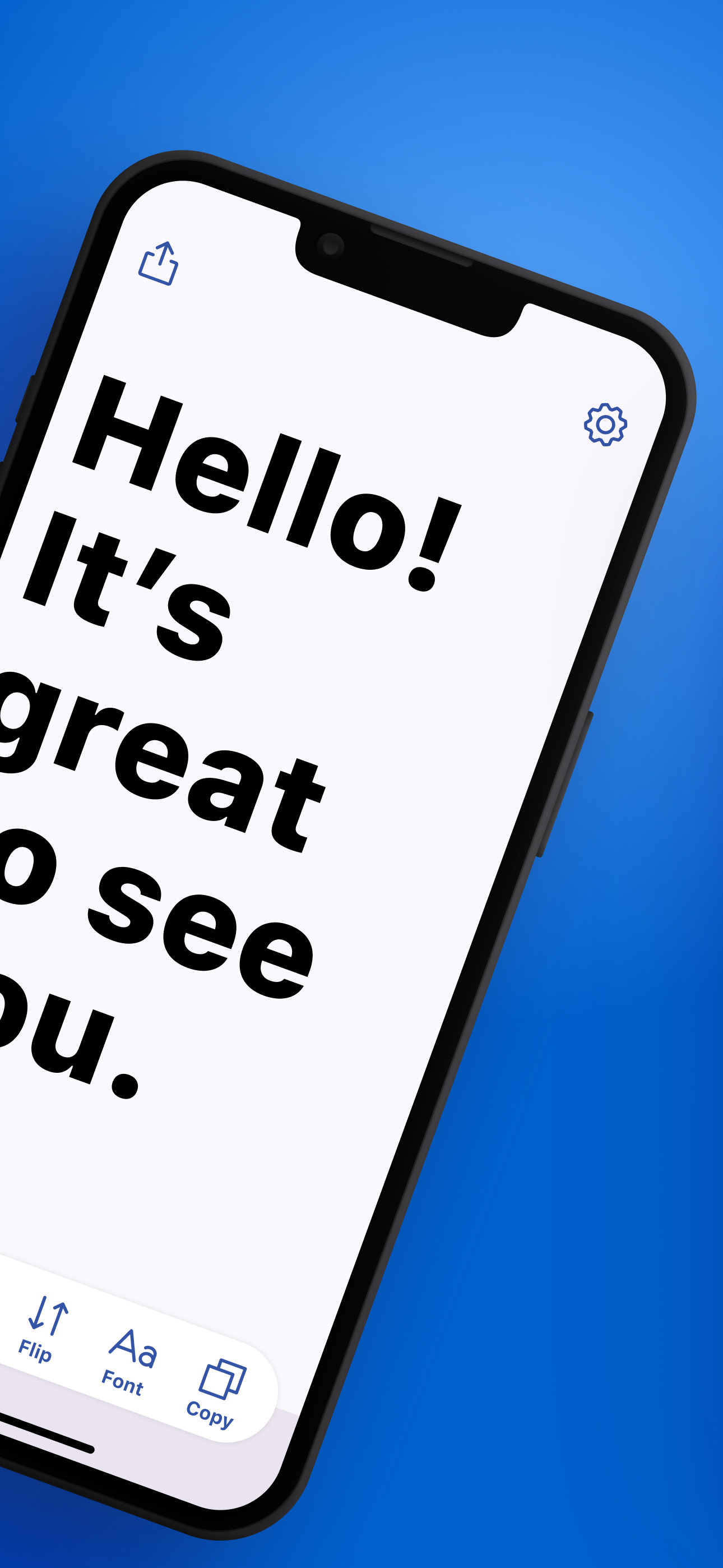 Live transcription in large text with Flip, Font size, and Copy controls