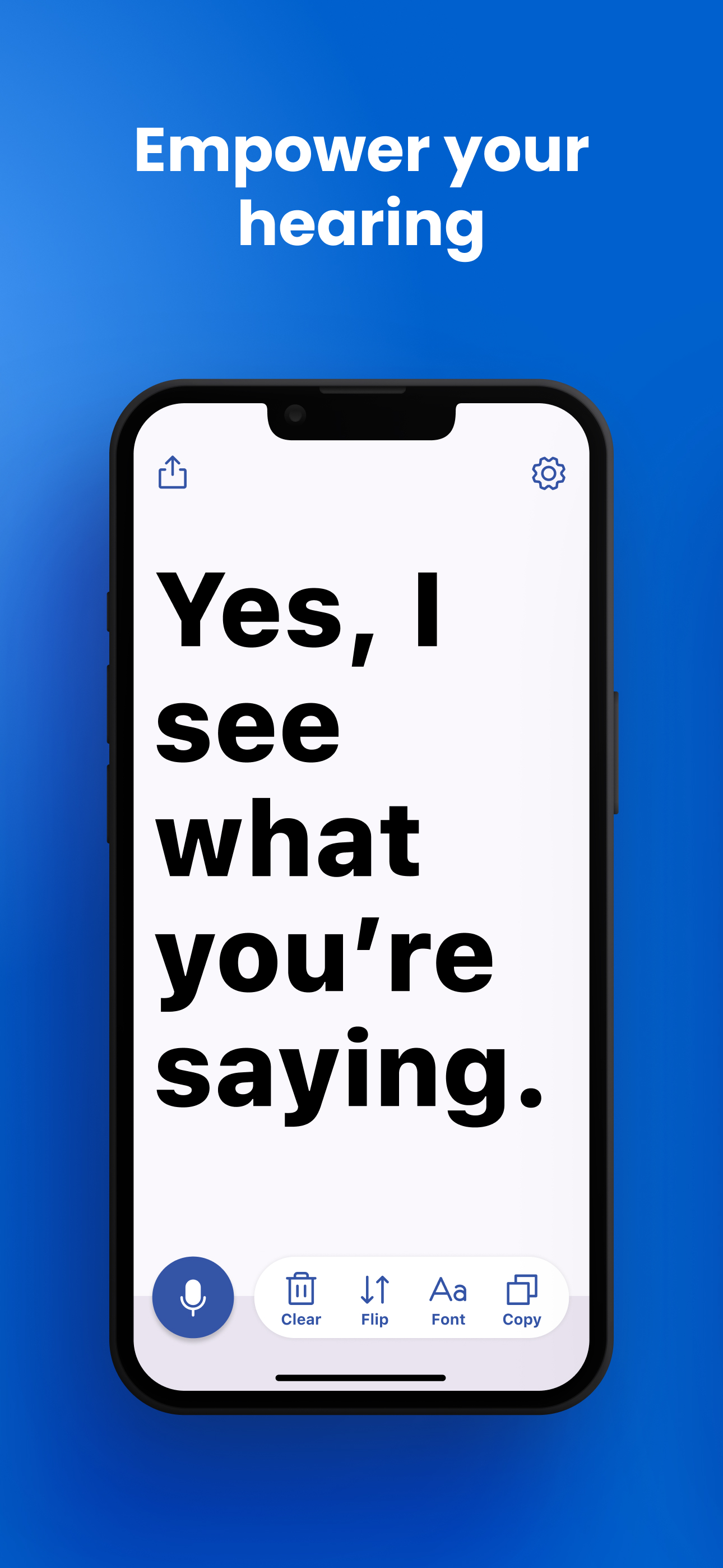 Transcriber app on iPhone displaying live speech transcription — Empower your hearing