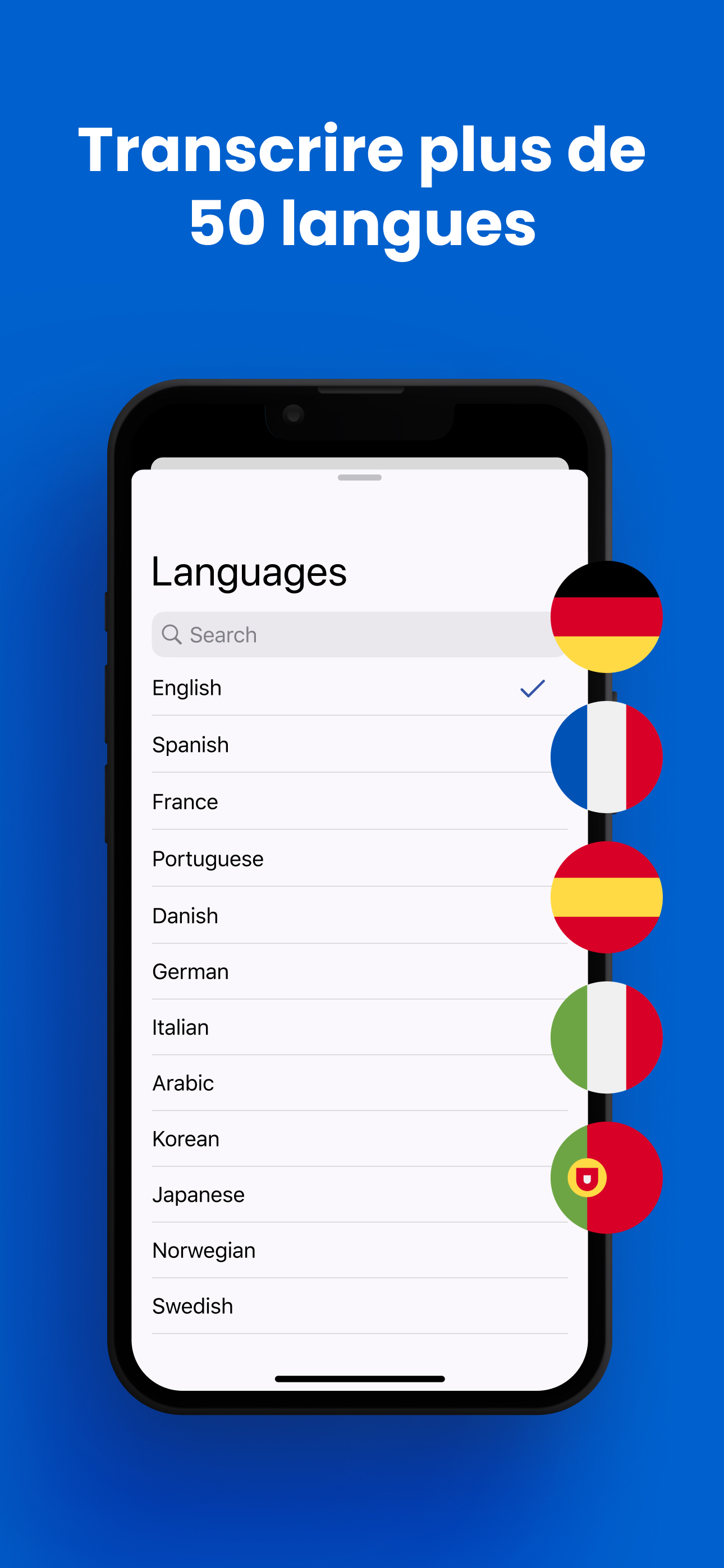 Sélection de langue dans Transcriber montrant la prise en charge de plus de 50 langues
